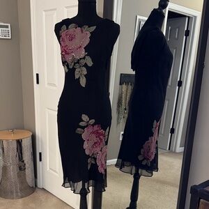 Vintage 90s Scott McClintock Silk Black Rose Sequin Dress 8P Cowl Back